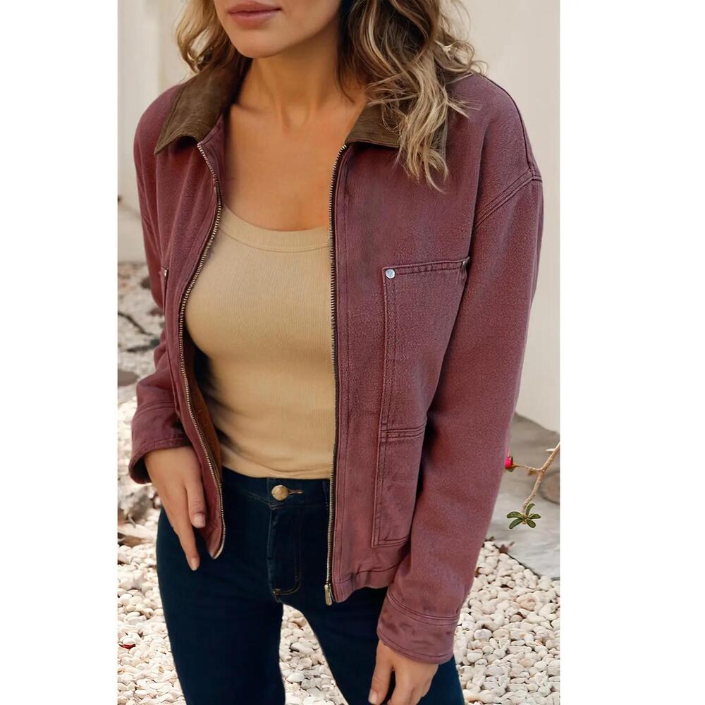 NEW LITTLE DAISY CLOSET corduroy collar zip front denim jacket in wine